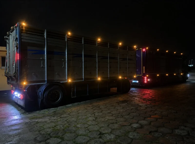 Ciężarówka z naczepą do transportu bydła nocą, oświetlona lampami, gotowa do przewozu zwierząt
