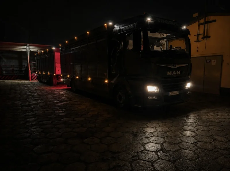 Nocna ciężarówka do transportu bydła na placu z oświetloną naczepą